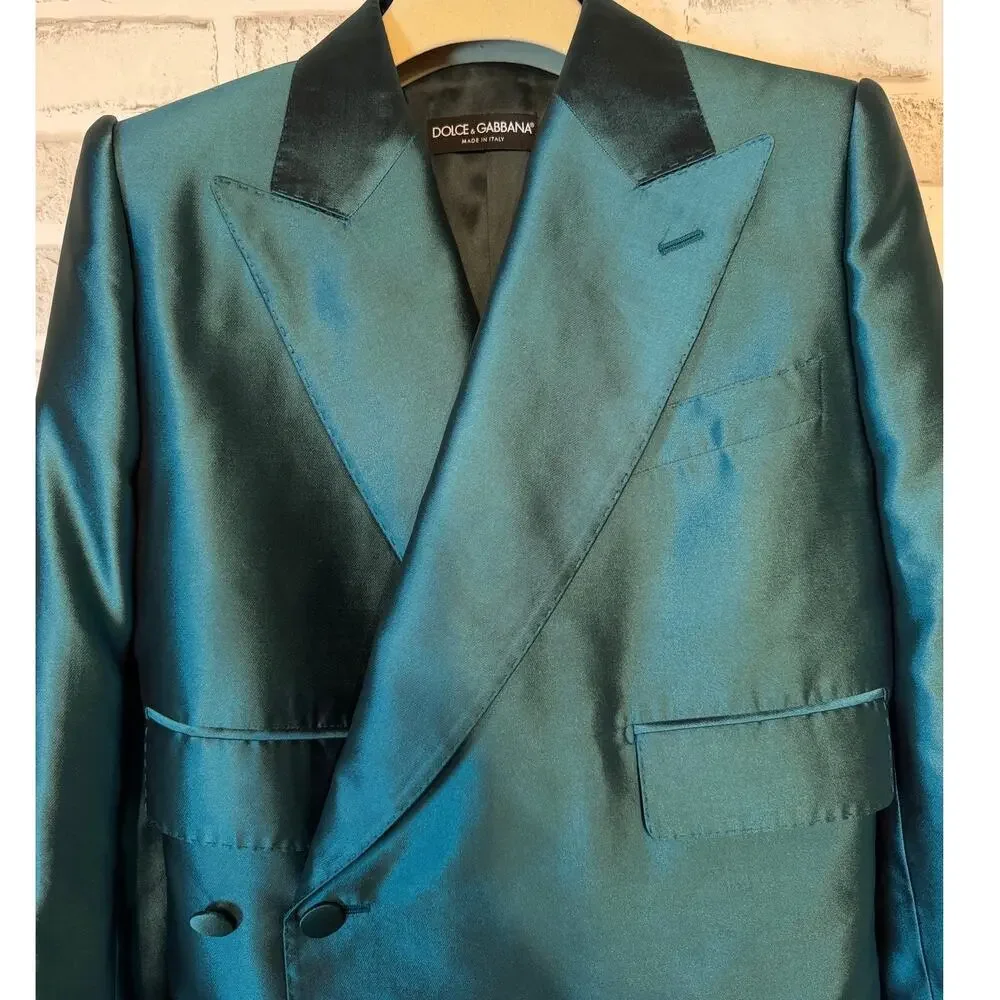Dolce & Gabbana Cyan Green Mikado Silk Double-breasted Blazer IT 38 Oversized